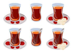 Traditional Turkish tea set in curved glass with saucer, spoon and sugar cubes served in different variation in cartoon style. Perfect for breakfast cafe menu isolated on white background. vector