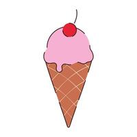 Pink ice cream in a brown waffle cone with a cherry on a white background. The food icon. vector