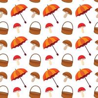 Seamless pattern of autumn elements, bright orange and red umbrellas, brown wicker baskets and a variety of mushrooms. vector