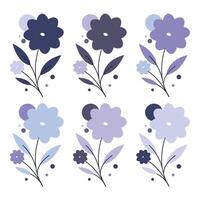 A set of six stylized flowers on a thin stem with several leaves. The flowers have a round shape with several petals and a small circle in the center. vector