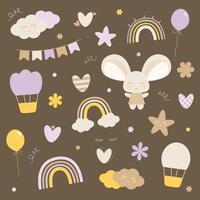 An illustration of a cute cartoon bunny character and objects such as clouds, balloons, rainbows, hearts, stars on a dark brown background. vector