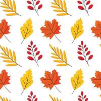 Seamless pattern of autumn foliage, bright maple leaves in orange, yellow and red tones and clusters of red berries for fabric or wallpaper decoration. vector