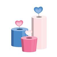 A set of decorative candles with a flame in the shape of a heart. All the elements are made in soft pastel colors with a minimalistic design. vector