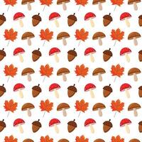 Seamless pattern, bright orange maple leaves, brown acorns and mushrooms in an autumn style. vector