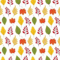 Seamless pattern of autumn foliage, bright maple leaves in orange, yellow and red tones and clusters of red berries on a white background. vector