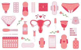 Menstruation first period. Set of menstrual accessories. Female regular menstrual cycle. vector