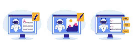 AI technology in copywriting, art and programming. Illustration with AI chat bot using for copywriting, art and programming. Copywriting, art and programming with Artificial intelligence. vector