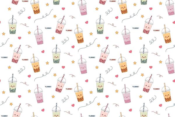 Cute colorful seamless pattern with funny kawaii bubble tea. illustration