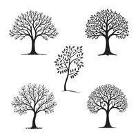 Five silhouette of family trees with varying leaf patterns isolated on white background vector