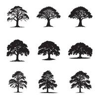 Diverse oak tree silhouettes isolated on white background, showcasing varied shapes vector