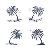 Silhouetted palm trees on beach island with figures and birds isolated on white background vector
