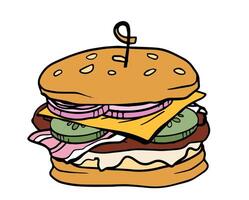 hamburger hand drawn color line illustration realistic sketch with cheese, onion, cucumber, cutlet, hum, lettuce for poster, menu, package vector