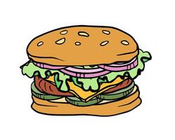 burger with onion, cheese, pickles, cutlet linear doodle color illustration for sandwich menu, food, icons, packaging, social media design. vector