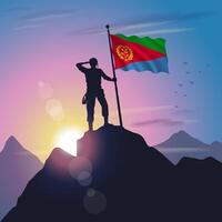 Eritrea flag raised on mountain peak with purplish yellow sunset background vector