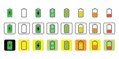Battery Charge Level Icon Set, Full to Low Power Status Symbols vector