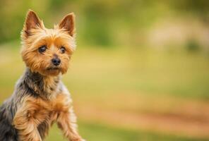 Cute Australian Silky Terrier Dog Enjoys a Sunny Day in a Grassy Park Setting With Blurred Background photo