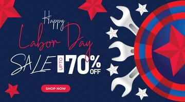 Celebrate Labor Day with a bold sale banner featuring tools, gears, and a red, white, and blue color scheme. Perfect for advertising vector