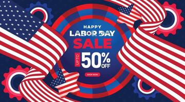 Dynamic Labor Day sale banner featuring bold text, gear motifs, and a red, white, and blue color scheme. Ideal for promotions vector