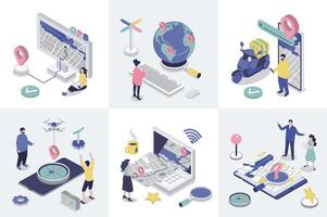 GPS navigation 3d isometry concept for web design. Collection set with isometric people using online global positioning system with maps, compass navigator, location pointers. illustration. vector