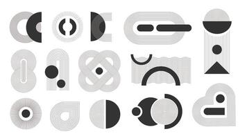 Aesthetic contemporary stripes set in flat cartoon design. Collection isolated elements of black and white geometric circles, arches, other wavy line figures with simple shapes. illustration. vector