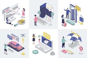 Booking 3d isometry concept for web design. Collection set with isometric people searching and buying airline tickets, ordering taxi, hotel room or restaurant table in mobile app. illustration. vector