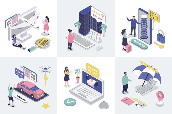 Booking 3d isometry concept for web design. Collection set with isometric people searching and buying airline tickets, ordering taxi, hotel room or restaurant table in mobile app. illustration.
