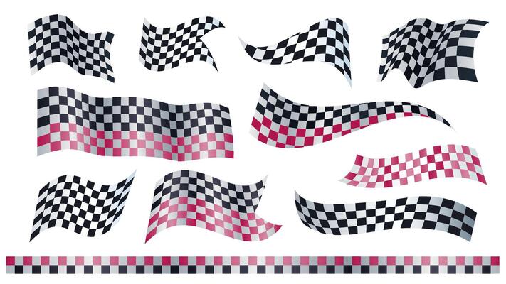 Racing checkered flags set in flat cartoon design. Collection isolated elements of finishing rally competition chequered emblems and lines, crossed white and black print banners. illustration.