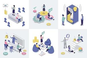 Coworking 3d isometry concept for web design. Collection set with isometric people work in office space with coworkers workspace, workplace room, freelance and startup teamwork. illustration. vector