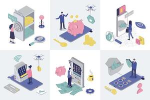Mobile banking 3d isometry concept for web design. Collection set with isometric people saving money in bank safe, doing financial management in app, cash out in atm, online pays. illustration. vector