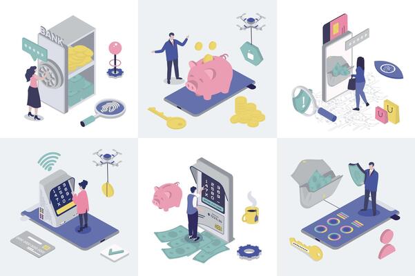 Mobile banking 3d isometry concept for web design. Collection set with isometric people saving money in bank safe, doing financial management in app, cash out in atm, online pays. illustration.