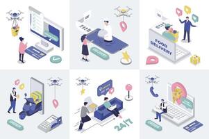 Food delivery 3d isometry concept for web design. Collection set with isometric people ordering online pizza or grocery menu in bags, using fast courier shipping service to home. illustration. vector