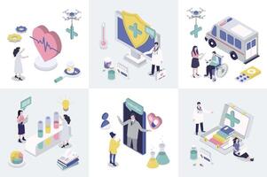 Medicine 3d isometry concept for web design. Collection set with isometric people getting online consultation with doctor, emergency help, diagnosis, treatment, laboratory tests. illustration. vector
