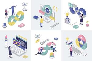 DevOps 3d isometry concept for web design. Collection set with isometric people using agile development operation practice, programming, creating and release products cycles. illustration. vector