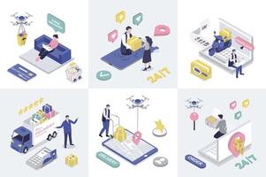 Delivery 3d isometry concept for web design. Collection set with isometric people getting food delivering with drones and couriers, truck transportation, tracking parcels in app. illustration. vector