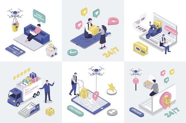 Delivery 3d isometry concept for web design. Collection set with isometric people getting food delivering with drones and couriers, truck transportation, tracking parcels in app. illustration.