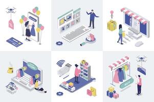 Online shopping 3d isometry concept for web design. Collection set with isometric people ordering new goods at store webpages, doing internet purchasing with payments in app. illustration. vector