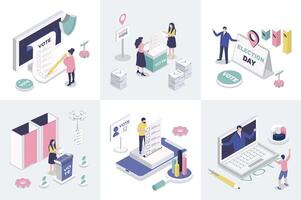 Election and voting 3d isometry concept for web design. Collection set with isometric people using inline vote system, making democratic choices, supporting political candidates. illustration. vector