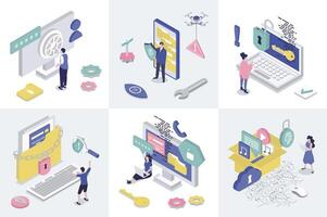 Cyber security 3d isometry concept for web design. Collection set with isometric people using safety access with data privacy protection, fingerprint verification and passwords. illustration. vector