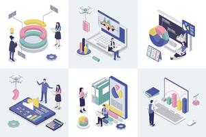 Data analysis 3d isometry concept for web design. Collection set with isometric people making statistics research, chart, diagram and graph dashboard analyzing, marketing report. illustration. vector