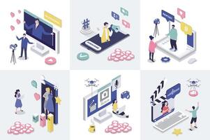 Blogging 3d isometry concept for web design. Collection set with isometric people creating content, making new posts in social media, advertising and attracting followers. illustration. vector