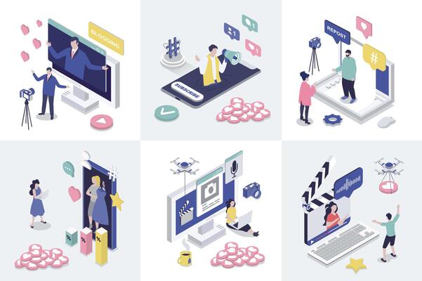 Blogging 3d isometry concept for web design. Collection set with isometric people creating content, making new posts in social media, advertising and attracting followers. illustration.