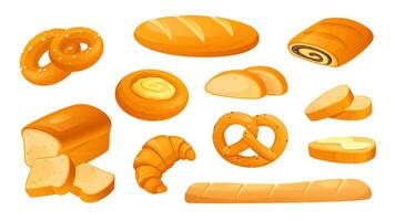 Bakery products set in flat cartoon design. Collection isolated elements of bagels, bread loaf and slices, poppy seed roll, butter on toast, croissant, baguette, other pastry. illustration. vector