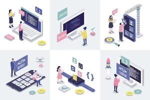 App development 3d isometry concept for web design. Collection set with isometric people programming applications, creating interface layouts, making settings and optimization. illustration. vector