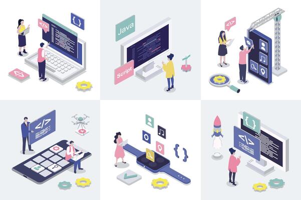 App development 3d isometry concept for web design. Collection set with isometric people programming applications, creating interface layouts, making settings and optimization. illustration.