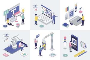 Designer studio 3d isometry concept for web design. Collection set with isometric people creating interface layouts and graphic content, using drawing tools and typescripts. illustration. vector