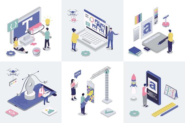 Designer studio 3d isometry concept for web design. Collection set with isometric people creating interface layouts and graphic content, using drawing tools and typescripts. illustration.
