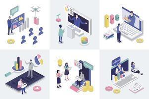 Business training 3d isometry concept for web design. Collection set with isometric people learning at conference, listening job coaching and consulting lectures, seminars. illustration. vector