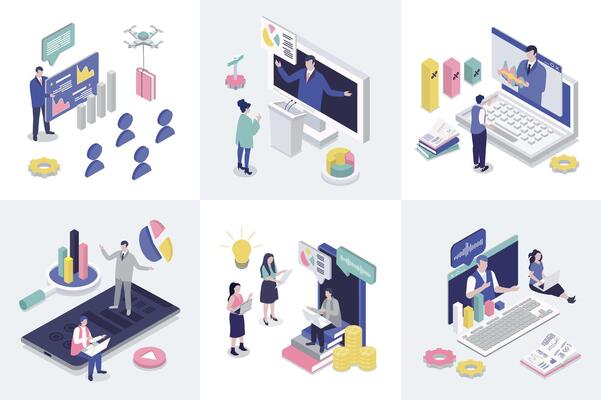 Business training 3d isometry concept for web design. Collection set with isometric people learning at conference, listening job coaching and consulting lectures, seminars. illustration.