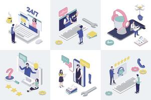 Customer support 3d isometry concept for web design. Collection set with isometric people calling at technical solution center with operators, online assistance and feedback. illustration. vector