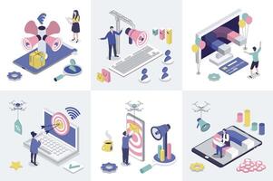 Digital marketing 3d isometry concept for web design. Collection set with isometric people making online promotion, advertising targeting, business communication with clients. illustration. vector
